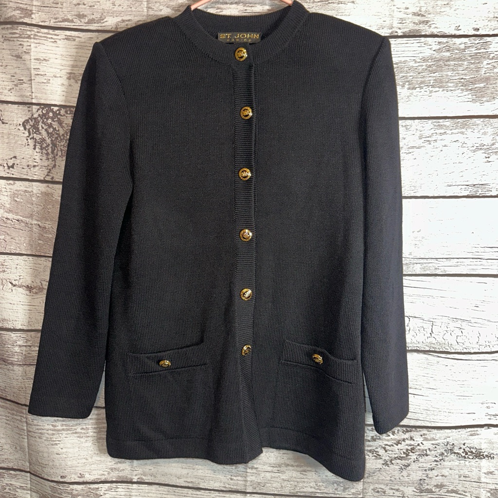 St. John Basics Black Santana Knit Logo Buttons Jacket & Skirt Suit 8. Nwot